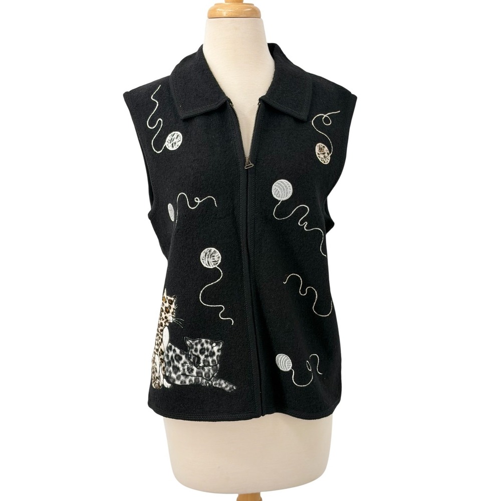 LISA International Women Boiled Wool Cat Vest Black Leopard Yarn Full Zip Size M